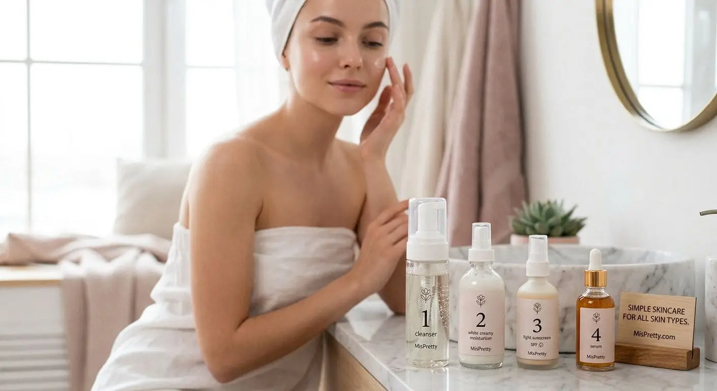 A woman applying face moisturizer during her simple daily skincare routine with numbered MisPretty products on a clean bathroom counter.
