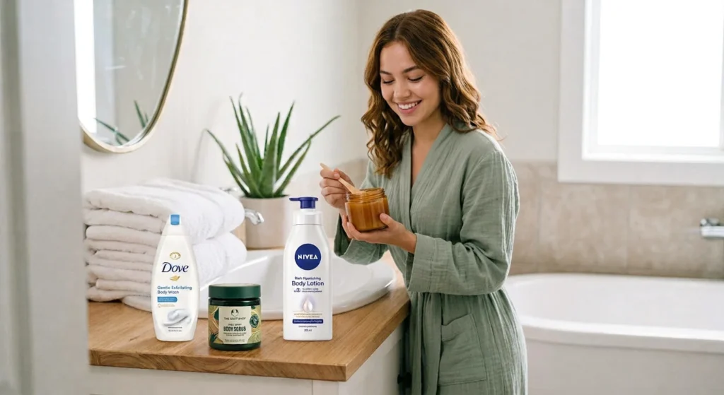 A young woman smiling in a bathroom, holding a body scrub jar next to body wash and lotion bottles on a wooden counter for a body care routine.