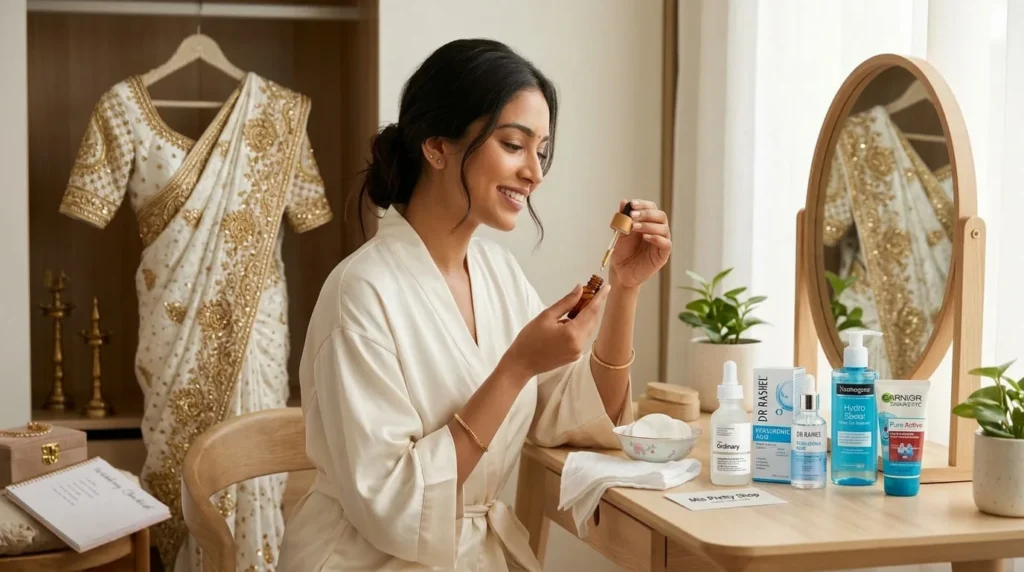 A happy bride-to-be uses a serum dropper as part of her bridal skincare tips routine, surrounded by products at a vanity.
